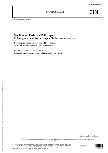 DIN SPEC 19305-2021Furnishings based on corrugated fibreboard - Test and requirements for short-term use