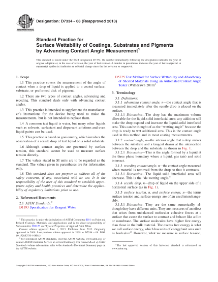 ASTM D7334-2008(2013)Standard Practice for Surface Wettability of Coatings,Substrates and Pigments by Advancing Contact Angle Measurement