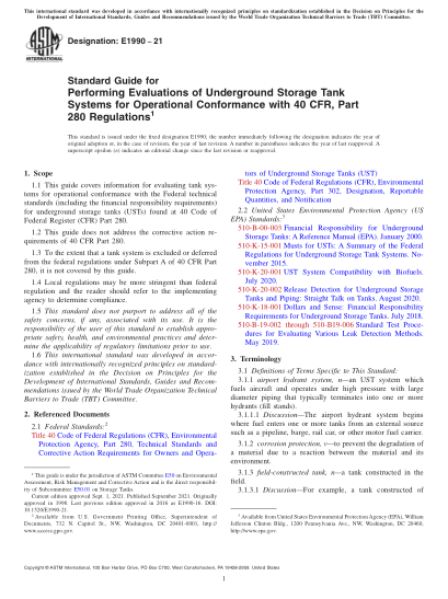 ASTM E1990-2021Standard Guide for Performing Evaluations of Underground Storage Tank Systems for Operational Conformance with 40 CFR, Part 280 Regulations