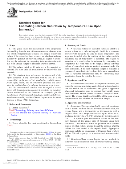 ASTM D7385-2021Standard Guide for Estimating Carbon Saturation by Temperature Rise Upon Immersion