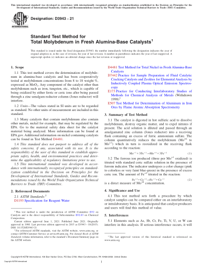 ASTM D3943-2021Standard Test Method for Total Molybdenum in Fresh Alumina-Base Catalysts