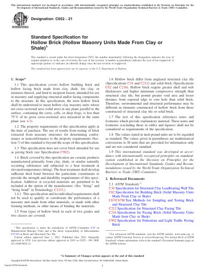 ASTM C652-2021Standard Specification for Hollow Brick (Hollow Masonry Units Made From Clay or Shale)