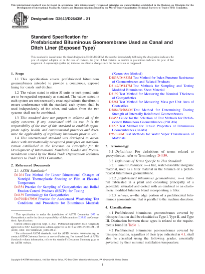 ASTM D2643/D2643M-2021Standard Specification for Prefabricated Bituminous Geomembrane Used as Canal and Ditch Liner (Exposed Type)