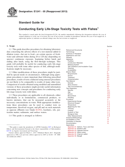 ASTM E1241-2005(2013)用魚進行早期生命階段毒性試驗的指南Standard Guide for Conducting Early Life-Stage Toxicity Tests with Fishes