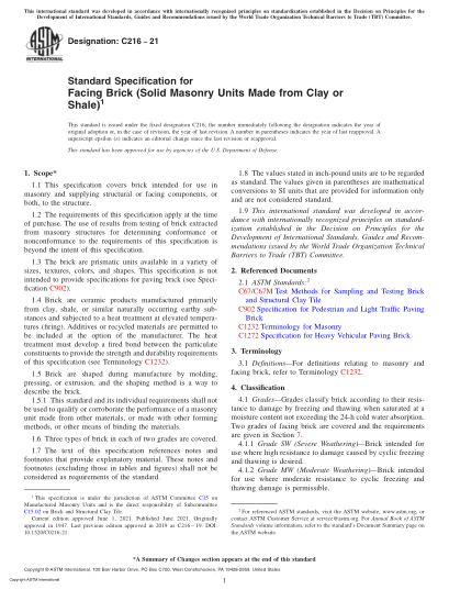 ASTM C216-2021Standard Specification for Facing Brick (Solid Masonry Units Made from Clay or Shale)