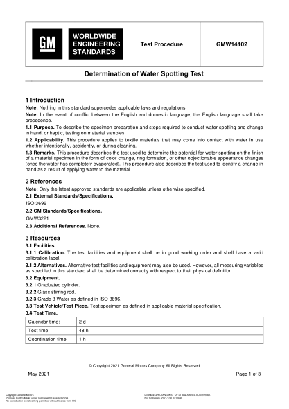 GMW 14102-2021Determination Of Water Spotting Test (Issue 4; English)