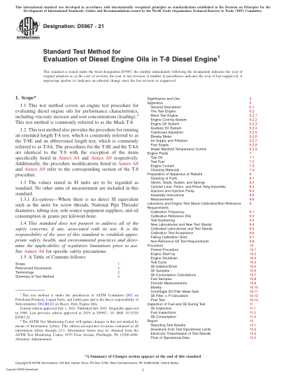 ASTM D5967-2021Standard Test Method for Evaluation of Diesel Engine Oils in T-8 Diesel Engine
