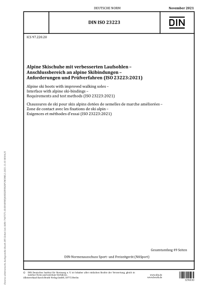 DIN ISO 23223-2021Alpine ski boots with improved walking soles - Interface with alpine ski-bindings - Requirements and test methods (ISO 23223:2021)