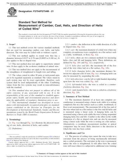 ASTM F2754/F2754M-2021Standard Test Method for Measurement of Camber, Cast, Helix, and Direction of Helix of Coiled Wire