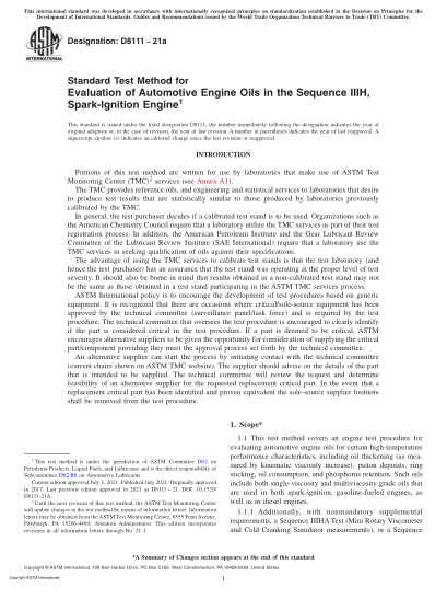 ASTM D8111-2021aStandard Test Method for Evaluation of Automotive Engine Oils in the Sequence IIIH, Spark-Ignition Engine