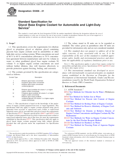 ASTM D3306-2021Standard Specification for Glycol Base Engine Coolant for Automobile and Light-Duty Service