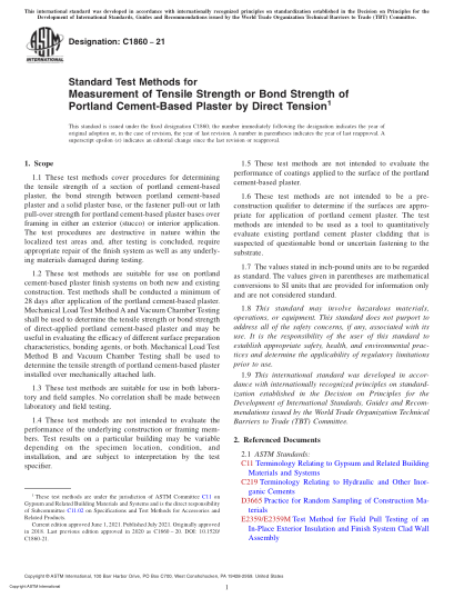ASTM C1860-2021Standard Test Methods for Measurement of Tensile Strength or Bond Strength of Portland Cement-Based Plaster by Direct Tension