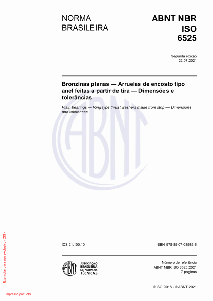 ABNT NBR ISO 6525-2021Plain bearings - Ring type thrust washers made from strip - Dimensions and tolerances