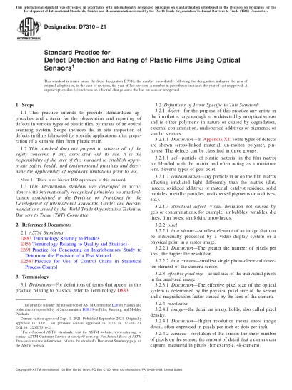 ASTM D7310-2021Standard Practice for Defect Detection and Rating of Plastic Films Using Optical Sensors