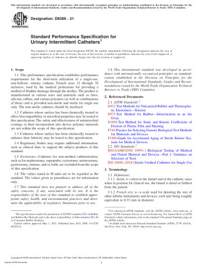 ASTM D8389-2021尿路間歇導尿管的標準性能規(guī)范Standard Performance Specification for Urinary Intermittent Catheters