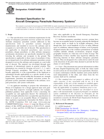 ASTM F3408/F3408M-2021Standard Specification for Aircraft Emergency Parachute Recovery Systems