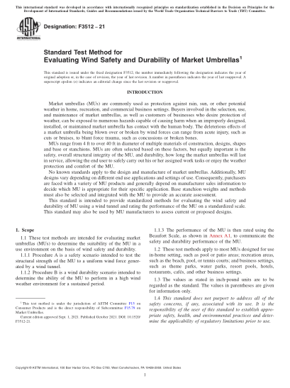ASTM F3512-2021遮陽傘防風(fēng)安全性和耐久性評(píng)估的標(biāo)準(zhǔn)試驗(yàn)方法Standard Test Method for Evaluating Wind Safety and Durability of Market Umbrellas