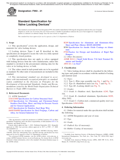 ASTM F993-2021Standard Specification for Valve Locking Devices