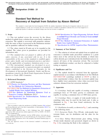 ASTM D1856-2021Standard Test Method for Recovery of Asphalt from Solution by Abson Method