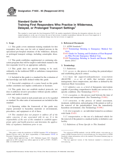 ASTM F1655-1995(2013)Standard Guide for Training First Responders Who Practice in Wilderness, Delayed, or Prolonged Transport Settings