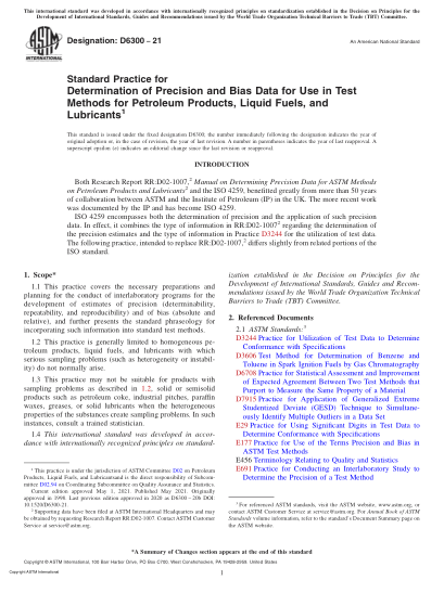 ASTM D6300-2021Standard Practice for Determination of Precision and Bias Data for Use in Test Methods for Petroleum Products, Liquid Fuels, and Lubricants