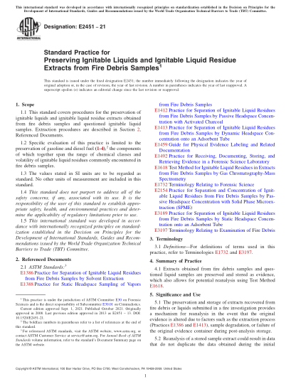 ASTM E2451-2021Standard Practice for Preserving Ignitable Liquids and Ignitable Liquid Residue Extracts from Fire Debris Samples