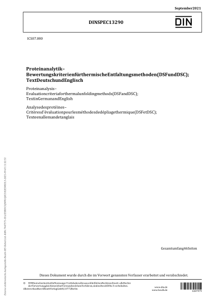 DIN SPEC 13290-2021Protein analysis - Evaluation criteria for thermal unfolding methods (DSF and DSC); Text in German and English