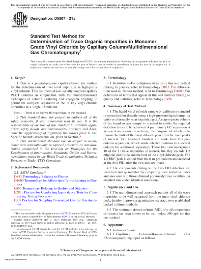 ASTM D5507-2021aStandard Test Method for Determination of Trace Organic Impurities in Monomer Grade Vinyl Chloride by Capillary Column/Multidimensional Gas Chromatography