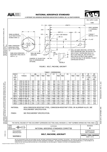 AIA/NAS NASM3-20-2021Bolt, Machine, Aircraft (Rev 4)