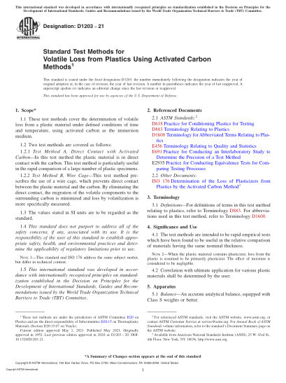 ASTM D1203-2021Standard Test Methods for Volatile Loss from Plastics Using Activated Carbon Methods