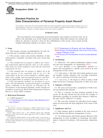 ASTM E2604-2021Standard Practice for Data Characteristics of Personal Property Asset Record