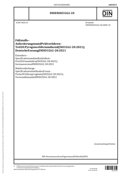 DIN EN ISO 3262-20-2021Extenders - Specifications and methods of test - Part 20: Fumed silica (ISO 3262-20:2021); German version EN ISO 3262-20:2021