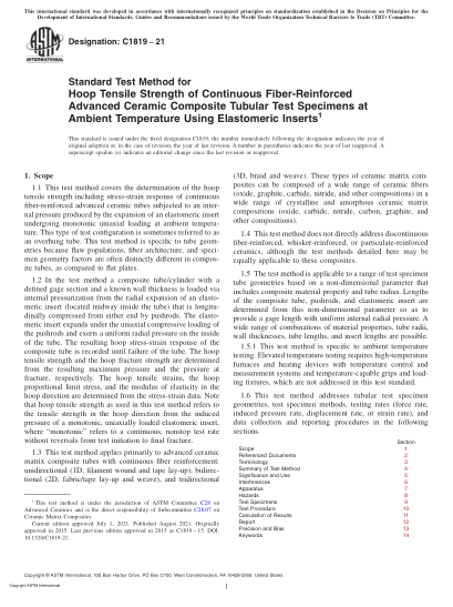 ASTM C1819-2021Standard Test Method for Hoop Tensile Strength of Continuous Fiber-Reinforced Advanced Ceramic Composite Tubular Test Specimens at Ambient Temperature Using Elastomeric Inserts