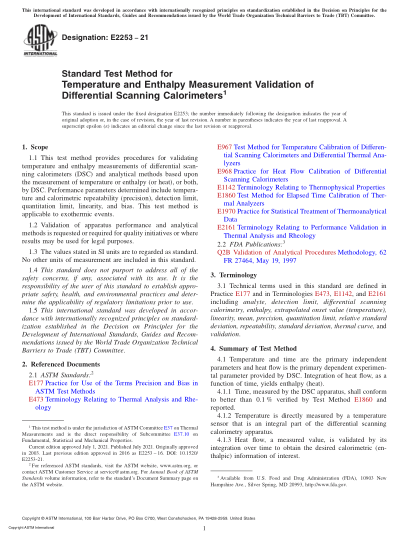 ASTM E2253-2021Standard Test Method for Temperature and Enthalpy Measurement Validation of Differential Scanning Calorimeters