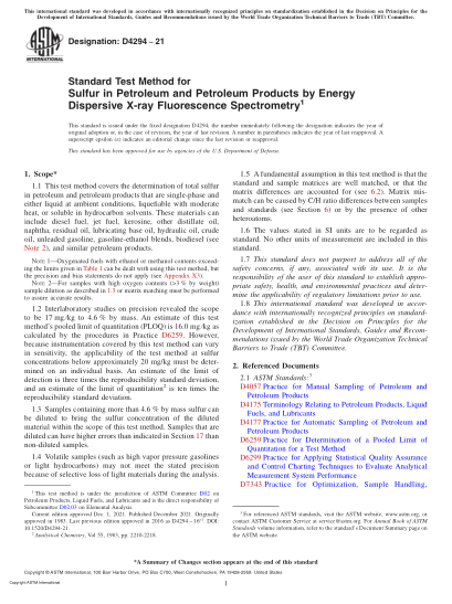ASTM D4294-2021Standard Test Method for Sulfur in Petroleum and Petroleum Products by Energy Dispersive X-ray Fluorescence Spectrometry