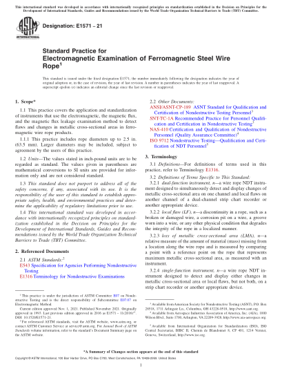 ASTM E1571-2021Standard Practice for Electromagnetic Examination of Ferromagnetic Steel Wire Rope