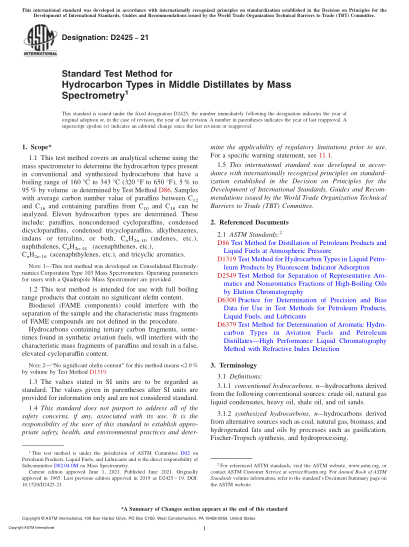 ASTM D2425-2021Standard Test Method for Hydrocarbon Types in Middle Distillates by Mass Spectrometry