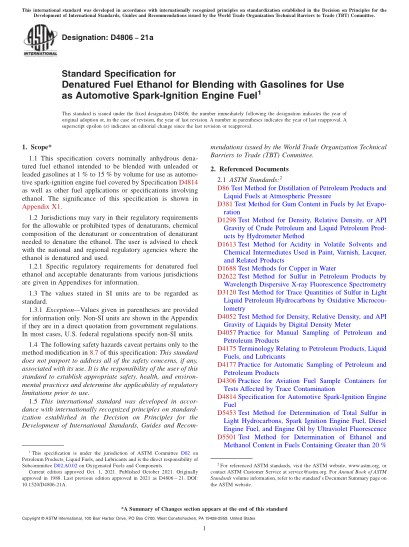 ASTM D4806-2021aStandard Specification for Denatured Fuel Ethanol for Blending with Gasolines for Use as Automotive Spark-Ignition Engine Fuel