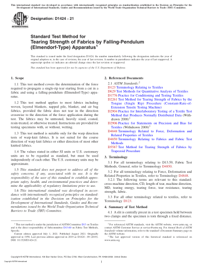 ASTM D1424-2021Standard Test Method for Tearing Strength of Fabrics by Falling-Pendulum (Elmendorf-Type) Apparatus