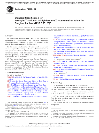 ASTM F1813-2021Standard Specification for Wrought Titanium-12Molybdenum-6Zirconium-2Iron Alloy for Surgical Implant (UNS R58120)