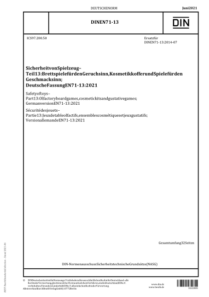 DIN EN 71-13-2021Safety of toys - Part 13: Olfactory board games, cosmetic kits and gustative games; German version EN 71-13:2021