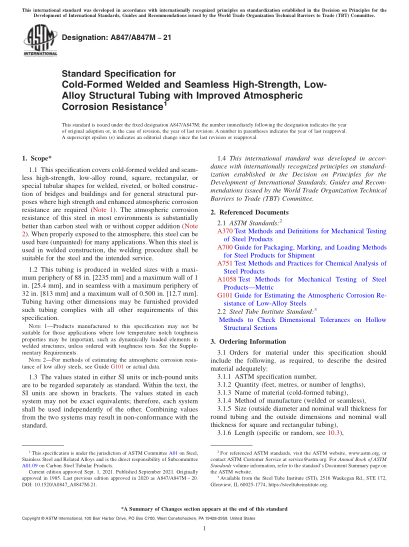 ASTM A847/A847M-2021Standard Specification for Cold-Formed Welded and Seamless High-Strength, Low-Alloy Structural Tubing with Improved Atmospheric Corrosion Resistance