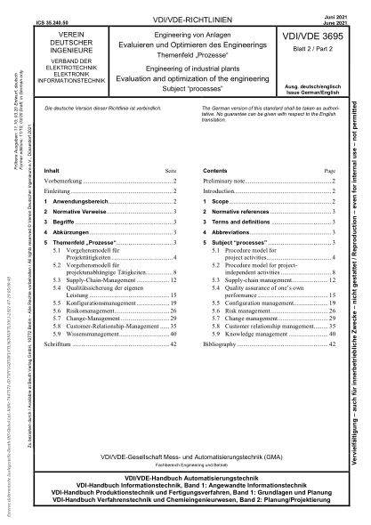 VDI/VDE 3695 Blatt 2-2021Engineering of industrial plants - Evaluation and optimization of the engineering - Subject "processes"