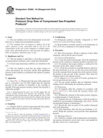 ASTM D3060-1994(2013)Standard Test Method for Pressure Drop Rate of Compressed Gas-Propelled Products