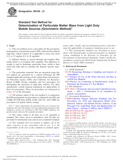 ASTM D8108-2021Standard Test Method for Determination of Particulate Matter Mass from Light Duty Mobile Sources (Gravimetric Method)
