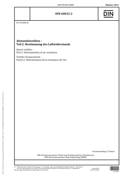 DIN 60022-2-2021Spacer textiles - Part 2: Determination of air resistance