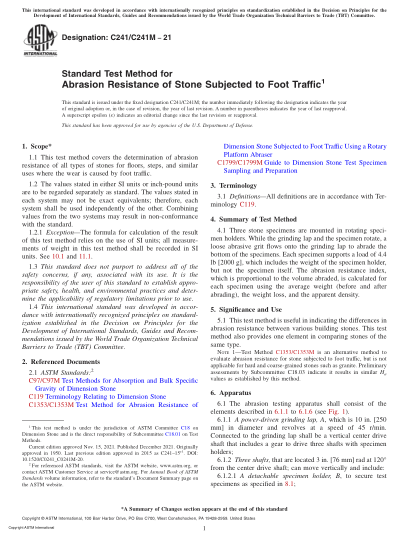 ASTM C241/C241M-2021Standard Test Method for Abrasion Resistance of Stone Subjected to Foot Traffic