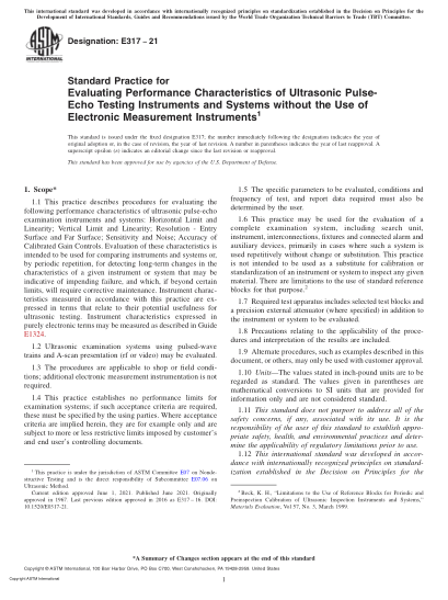 ASTM E317-2021Standard Practice for Evaluating Performance Characteristics of Ultrasonic Pulse-Echo Testing Instruments and Systems without the Use of Electronic Measurement Instruments