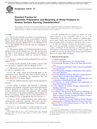 ASTM E2579-2021Standard Practice for Specimen Preparation and Mounting of Wood Products to Assess Surface Burning Characteristics