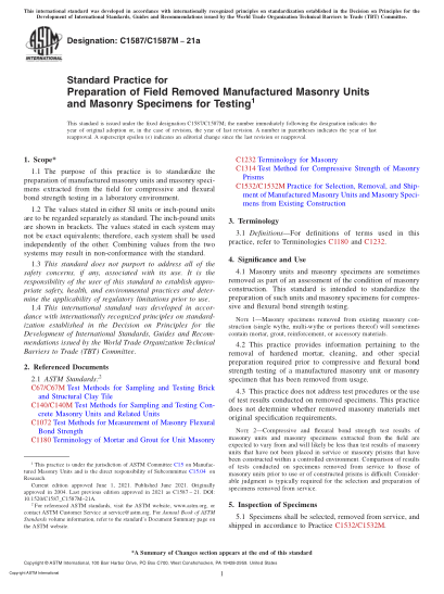 ASTM C1587/C1587M-2021aStandard Practice for Preparation of Field Removed Manufactured Masonry Units and Masonry Specimens for Testing